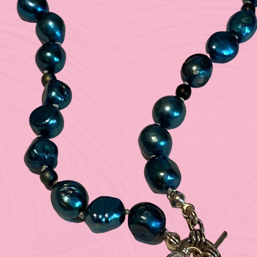 Hand Crafted Pearl Necklace Green Cultured Freshwater Black Silver Real Vintage - Picture 4 of 5